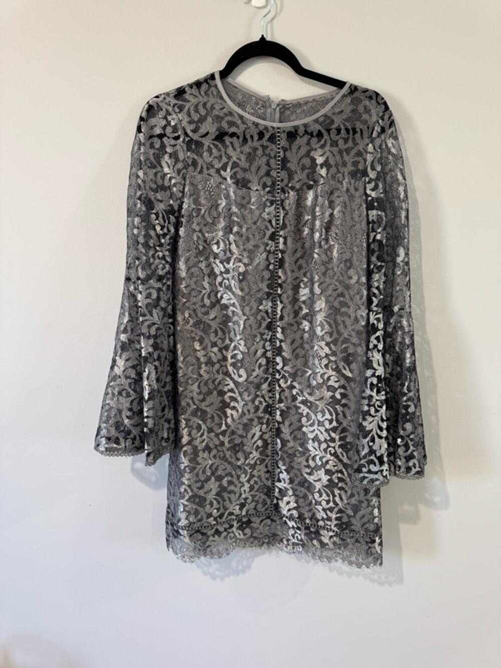 White House Black Market Silver Lace Long-Bell Sleeve Dress Size 6